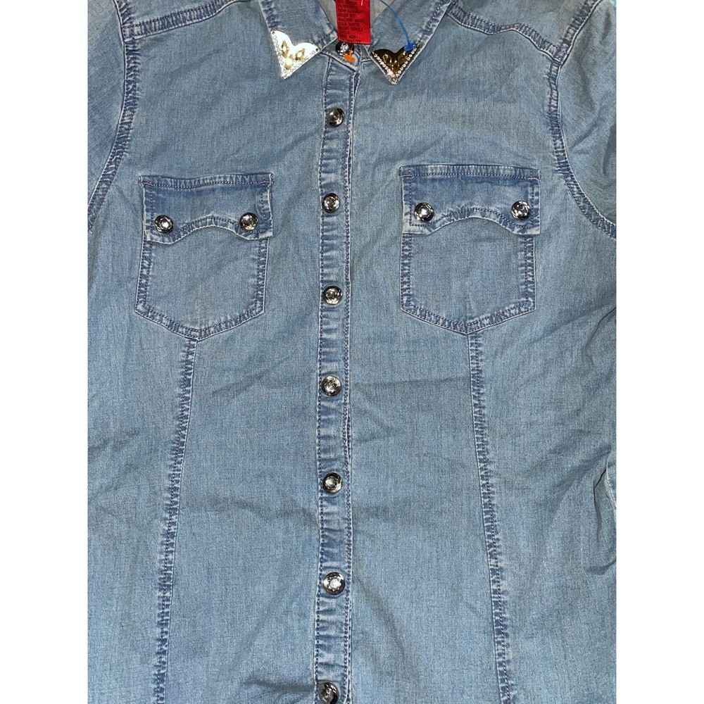 Vintage Cristina V embellished bling Crystal Western Country Denim Shirt Top M - Picture 6 of 12
